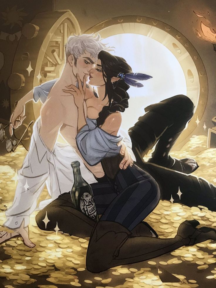 two people sitting on the ground in front of some gold coins and one is kissing another person