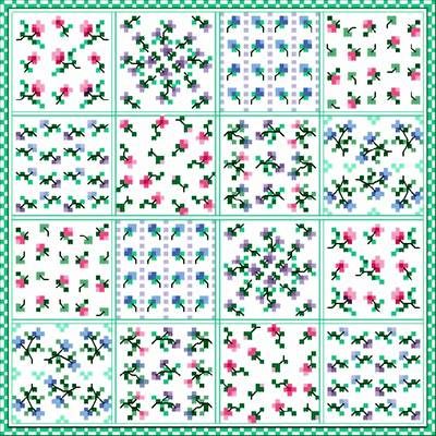 the pattern for this quilt has been made with different colors and designs, including flowers