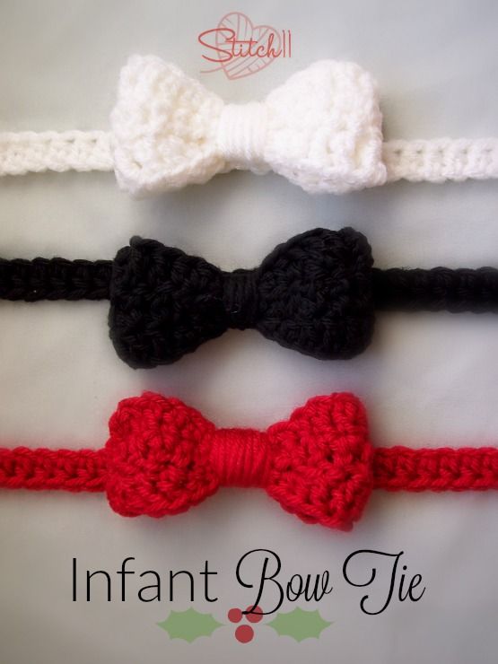 three crocheted bow ties on top of each other