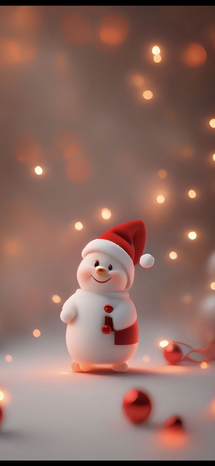 a snowman with a santa hat and scarf on standing in front of christmas lights