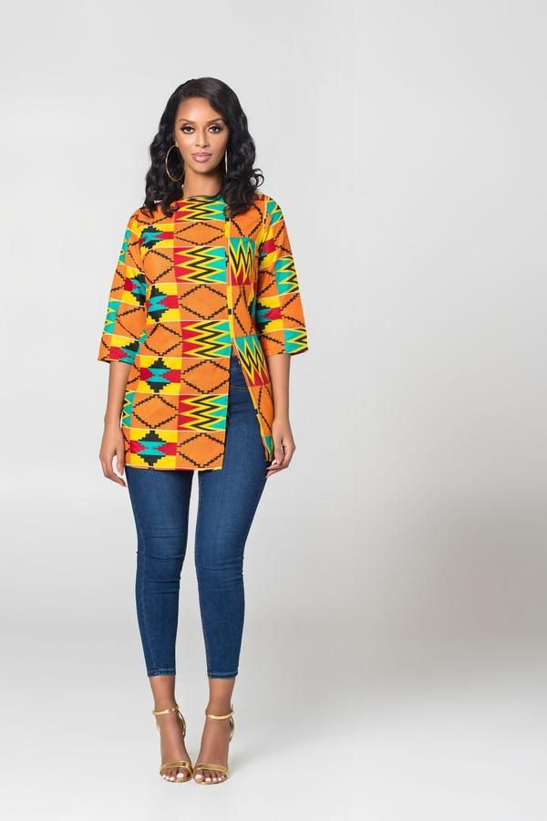 African print top Vitenge Design, Kente Tops, Kitenge Designs, Shirt For Ladies, Ankara Jackets, African Blouses, Ankara Tops, African Print Tops, Kente Styles