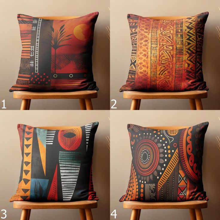 four pillows with different designs on them