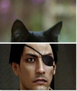 two pictures of a man with black hair and cat's head in the same photo