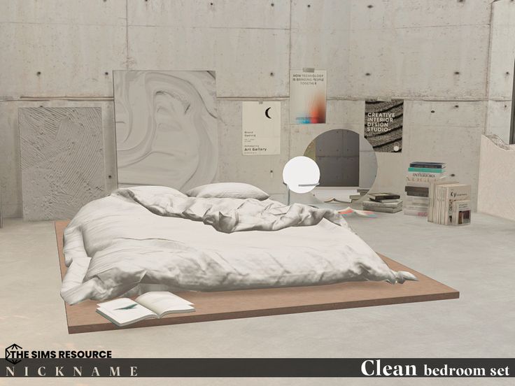 an image of a bed in the middle of a room that is made out of concrete