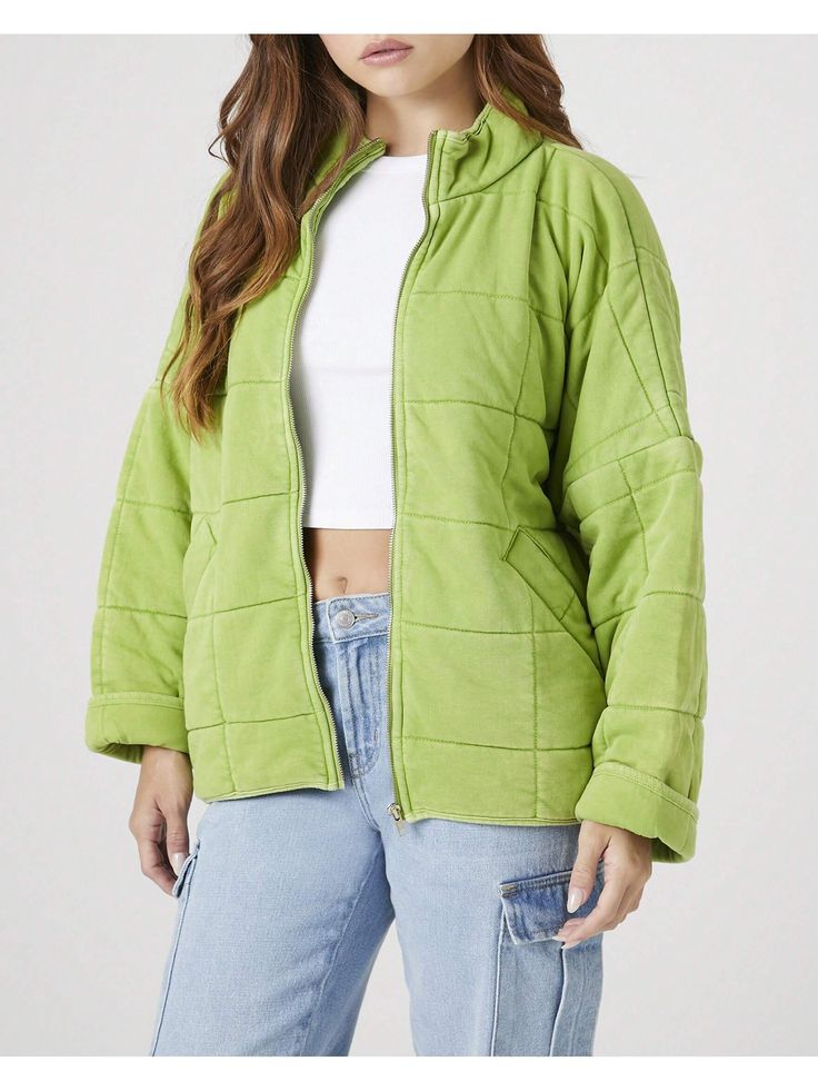 A midweight knit jacket featuring a quilted design, zip-up front, funnel neck, long sleeves, and front slanted pockets.Quilted Zip-Up Jacket Lime Green Casual  Long Sleeve  Plain    Women Clothing, size features are:Bust: ,Length: ,Sleeve Length: Trendy Funnel Neck Outerwear For Fall, Cold Weather Quilted Jacket With Zipper, Long Sleeve Quilted Jacket For Cold Weather, Quilted Jacket With Zipper Closure For Cold Weather, Quilted Long Sleeve Jacket For Cold Weather, Long Sleeve Quilted Jacket With Zipper For Winter, Cozy Solid Funnel Neck Outerwear, Green Quilted Winter Jacket, Cozy Solid Color Funnel Neck Outerwear