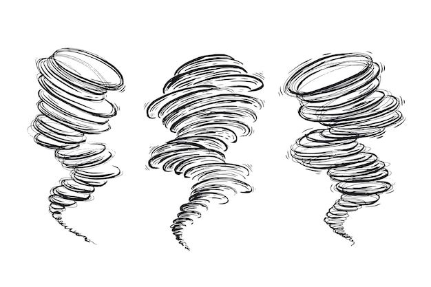 three spirals drawn in black and white on a white background, each with different shapes