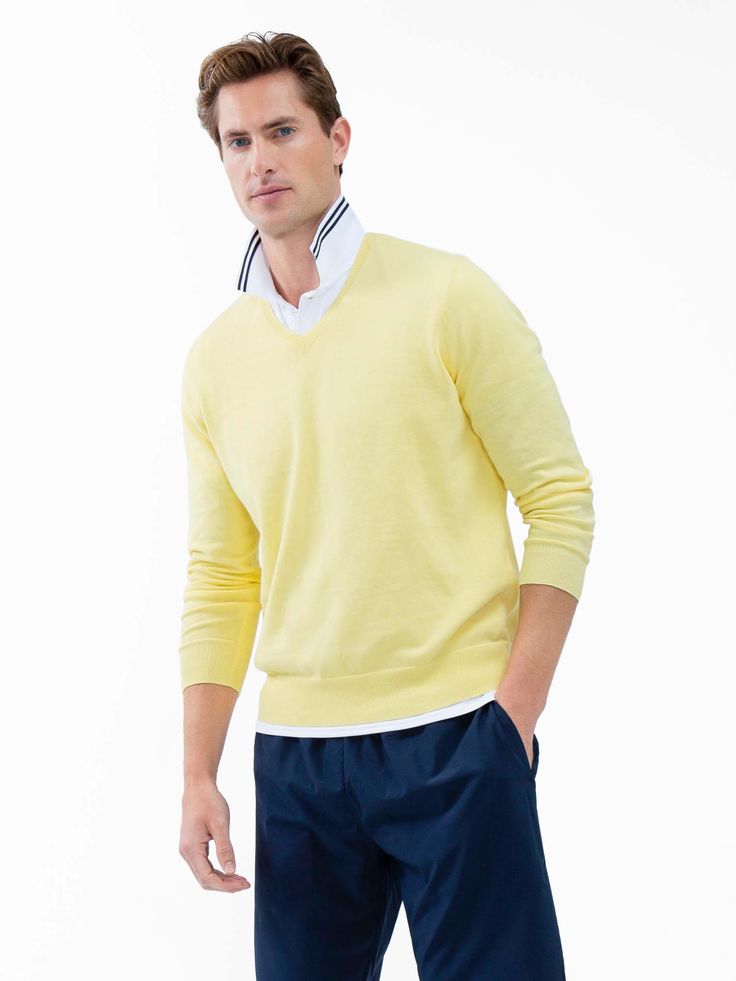 color_Lemonade Classic Cotton Sweater For Spring, Classic Relaxed Fit Sweater For Spring, Spring Crew Neck Sweater, Classic Cotton Sweater For Loungewear, Classic Cotton Loungewear Sweater, Classic Spring Sweater With Ribbed Cuffs, Cotton V-neck Sweatshirt For Spring, Cotton V-neck Sweater For Spring, Spring Cotton V-neck Sweater For Layering