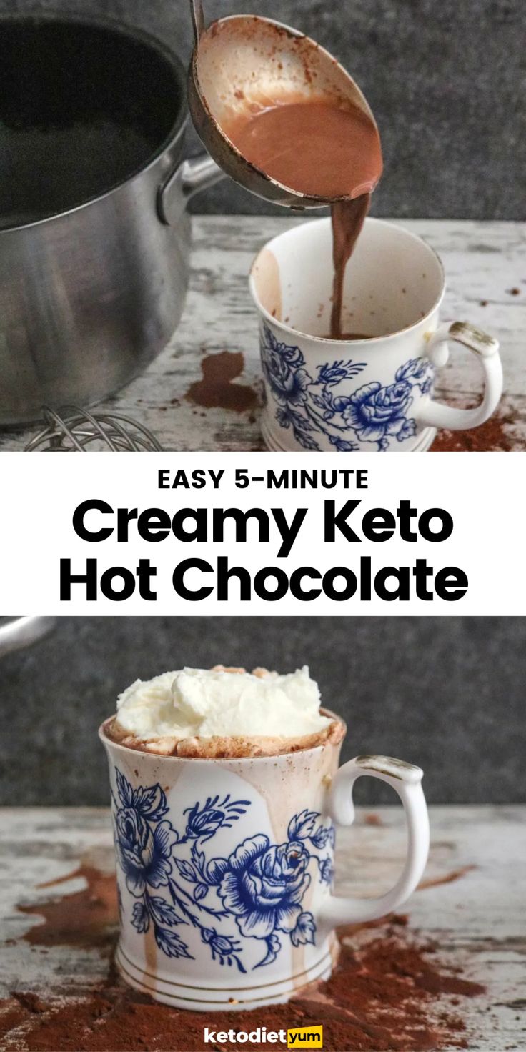 creamy keto hot chocolate is being poured into a mug with whipped cream in it