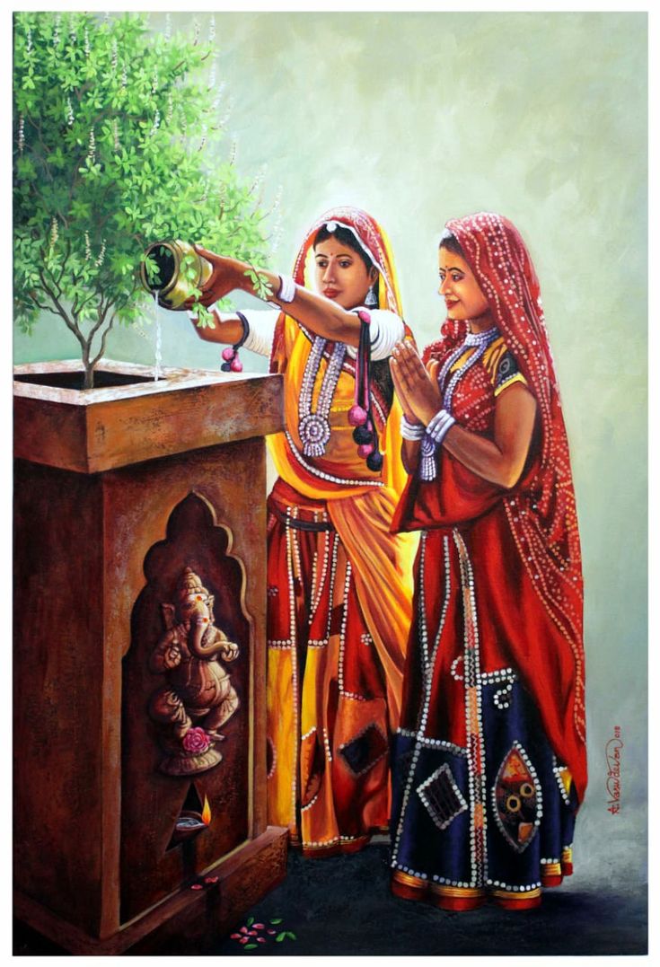 Tulsi Puja, Wall Painting Flowers, Rajasthani Painting, Mughal Art Paintings, Indian Women Painting, Buddha Art Painting, Indian Art Gallery, 3d Art Drawing, Stone Art Painting