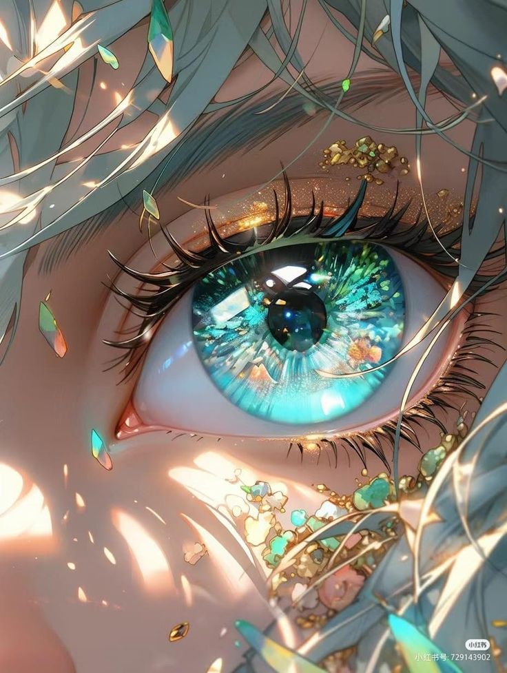 an anime character's eye with blue and green colored irises in the center