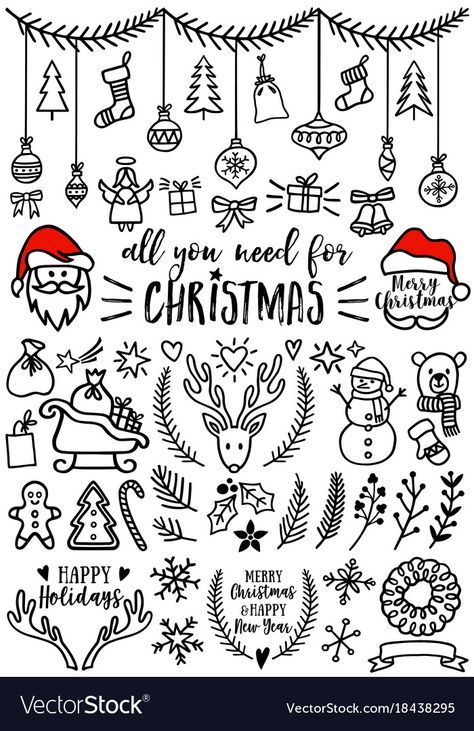 christmas doodles and hand lettering on white background