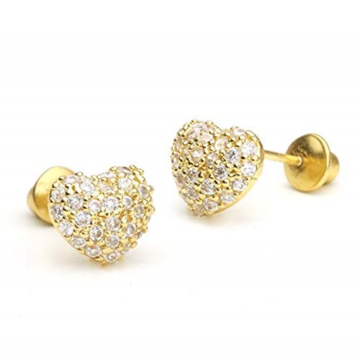 14k Yellow Gold Plated Size : 7mm X 7mm Made With Sterling Silver Post Cubic Zirconia Screwback (Safety Clutch) These Beautiful Earrings Are Composed Of Brass. The Gold Plating Enhances Its Shininess. Cubic Zirconia Accents Fulfill Its Delicateness And Further Delivers Its Brilliant Look. In Dedication For Those With Sensitive Skin Posts To .925 Sterling Silver. The Screwback Is A Safety Back That Screws On And Locks Thus Preventing For Any Poking In The Back Of The Earlobe And Lesseni Gold Heart-shaped Cubic Zirconia Earrings, Yellow Gold-plated Heart Cut Earrings, 14k Gold Heart-shaped Yellow Jewelry, Heart-shaped 14k Yellow Gold Jewelry, Yellow 14k Gold Heart Jewelry, Gold Cubic Zirconia Heart Earrings In Dainty Style, Gold Round Heart Earrings For Mother's Day, Gold Dainty Heart Earrings With Cubic Zirconia, Gold Heart Cut Cubic Zirconia Earrings