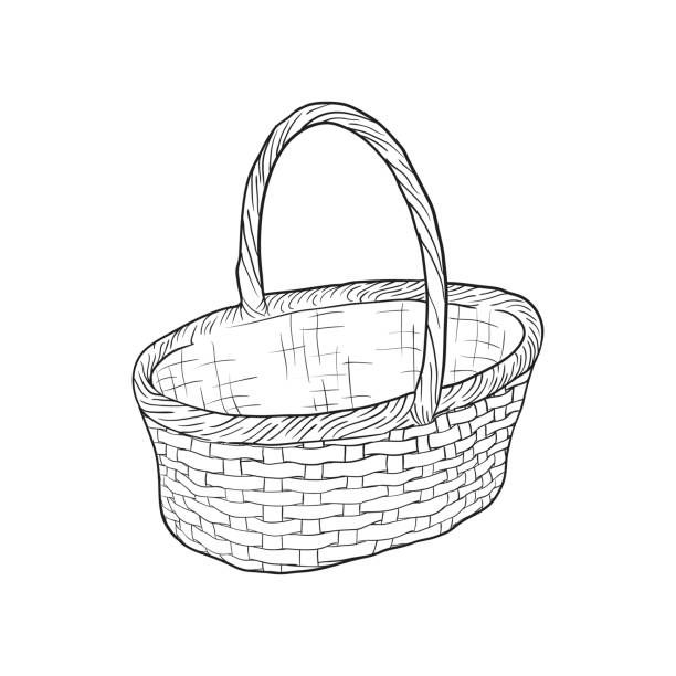 a wicker basket is shown in black and white, with the handle extended up