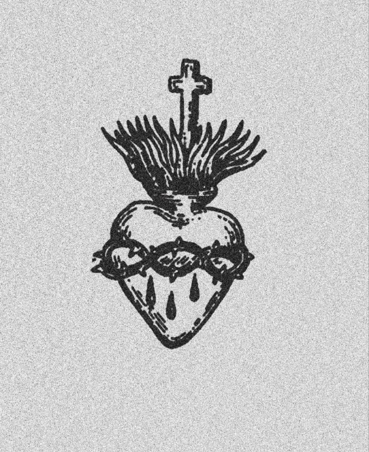 a black and white drawing of a heart with a cross on it's head