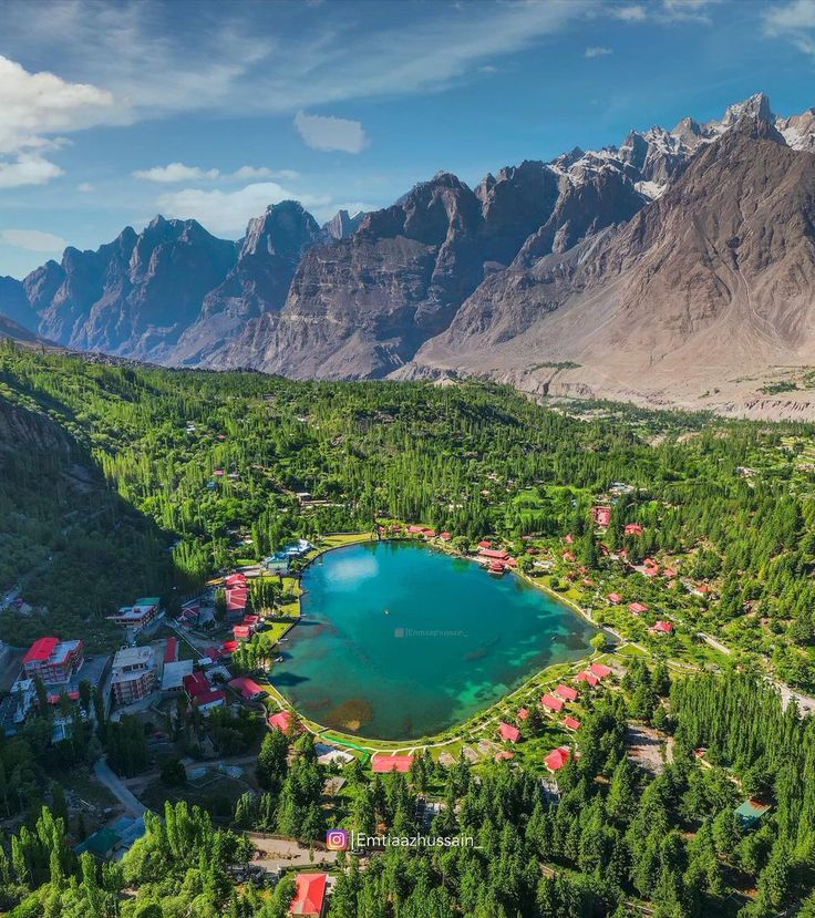 an aerial view of a lake surrounded by mountains