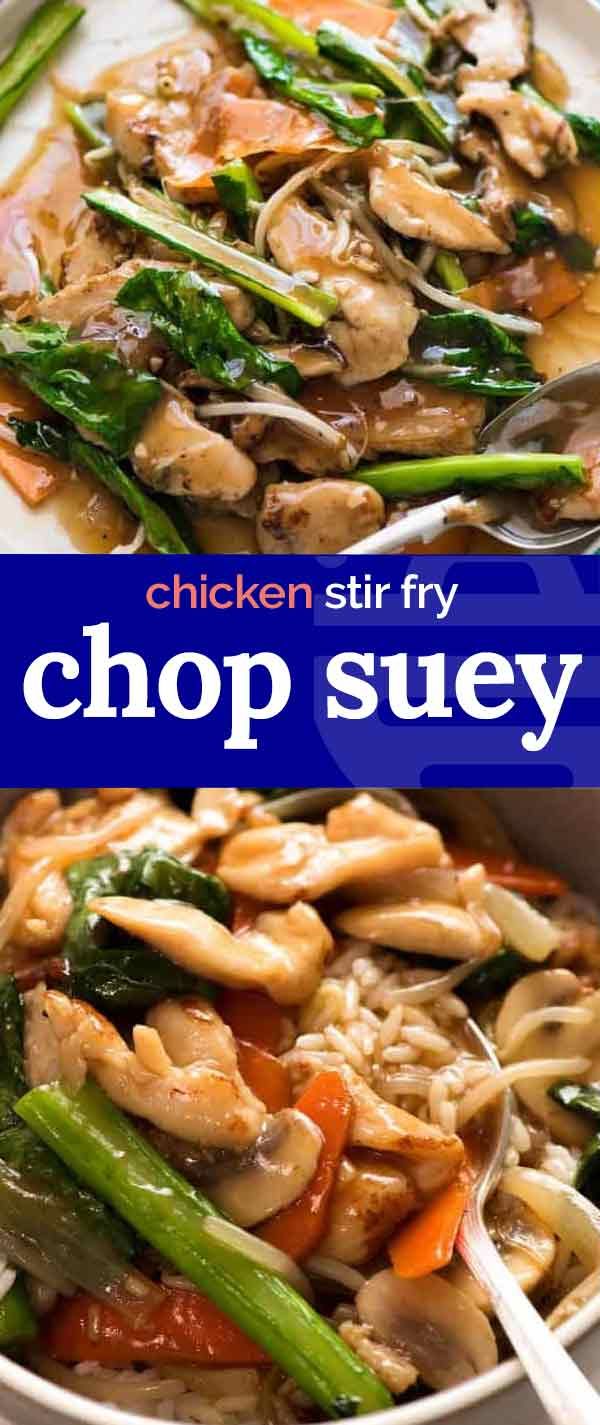 chicken stir fry with chop suey in a white bowl on a blue and white plate