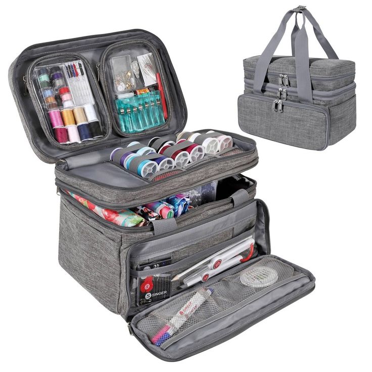 an open gray bag with various items in it and the contents inside are neatly organized