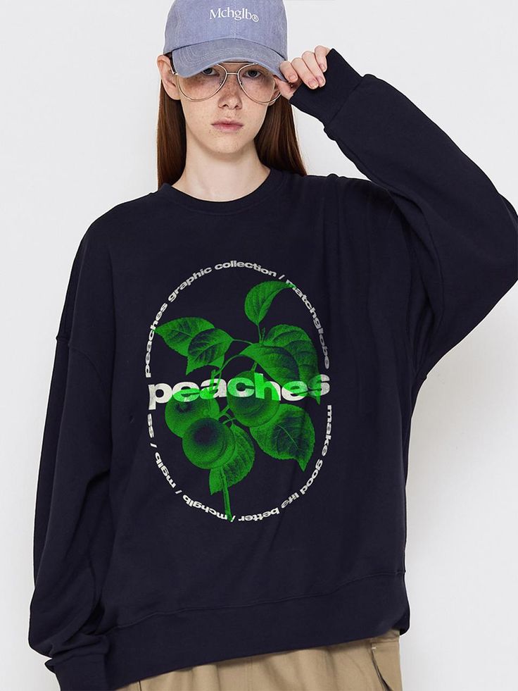 Composition : cotton 70% and polyester 30%Color: NAVYCountry of Origin : KOREA Navy Oversized Graphic Print Top, Navy Graphic Print Sweatshirt For Fall, Navy Crew Neck Sweatshirt For Spring, Composition, Top Outfits, Fruit, Navy, The Originals, Clothes For Women