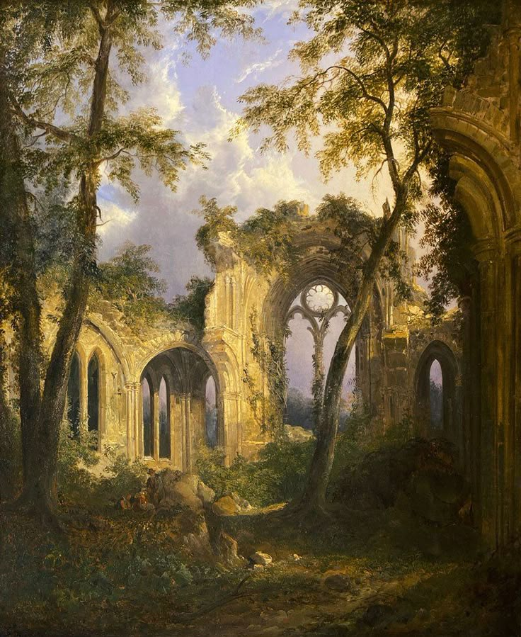 an image of a painting of ruins in the woods