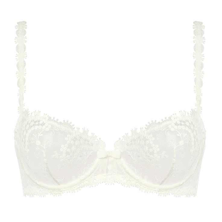 French chic has never been so effortless. A delicate collection with floral embroidering and guipure lace. Refined and sophisticated. Style# 12B330 Style: Demi Cup Bra w/ Underwire Fabric: 98% Polyester, 2% Elastane. Design: Embroidered half-cup bra with guipure lace and jacquard satin with underwire. Round curve. Enhanced neckline. Underwired, without pads. Fit and Tips: Adjustable straps embellished with guipure lace. Wild Grasses, Half Cup Bra, Demi Cup Bra, Demi Cup, Simone Perele, M F, Guipure Lace, French Chic, Demi Bra