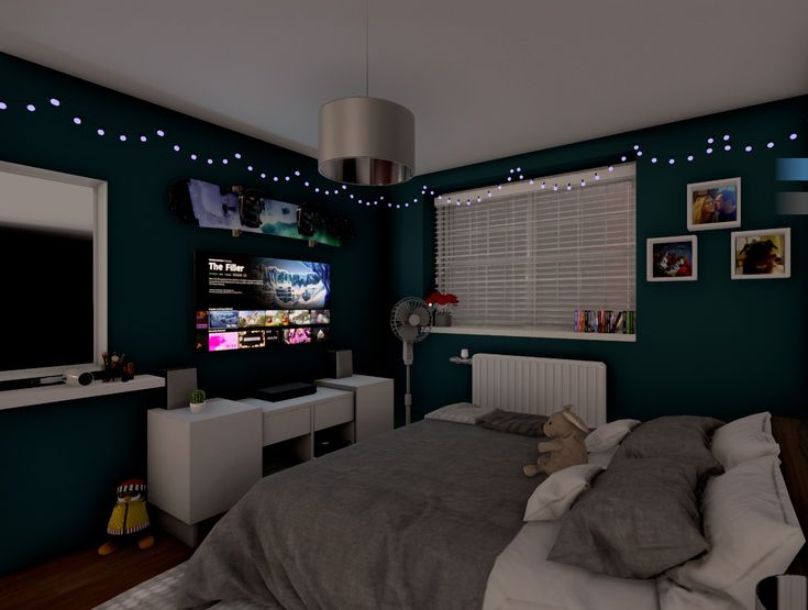 a bed room with a neatly made bed and a flat screen tv on the wall