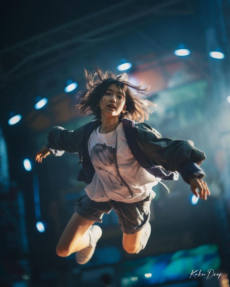 a woman is jumping in the air on stage