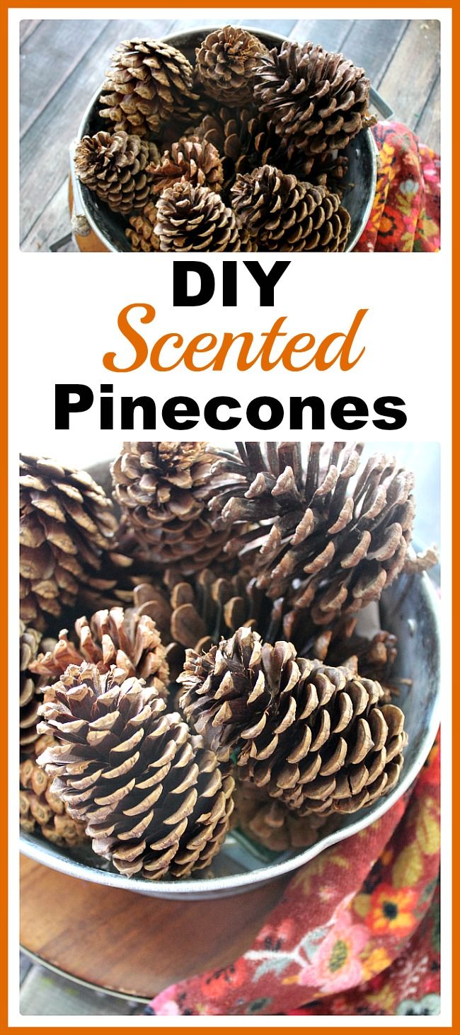 some pine cones are in a metal bowl on a table with the words diy scented pinecones