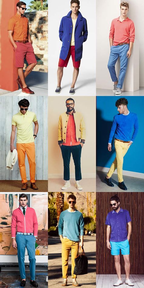 Colorful Sneakers Outfit Men, Complimentary Colors Outfits Men, Man Colorful Outfit, Men Color Blocking Outfits, Colorful Outfit Ideas Men, Color Block Men Fashion, Colorful Business Casual Men, Bright Colour Outfit Men, Bright Mens Outfits