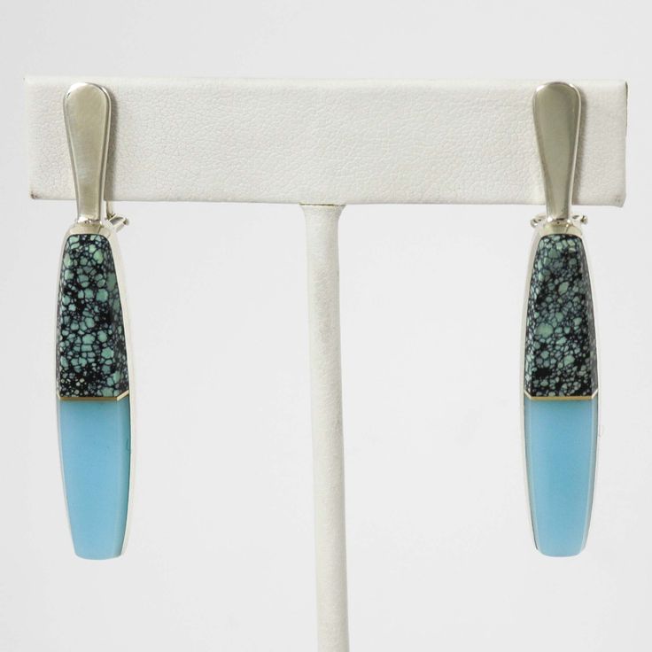 Sterling Silver Post and Dangle Earrings with 14k Gold Channel Inlaid Natural New Lander Turquoise and Iron Slag. These earrings have 14k gold posts and omega backings. .375” Width, 2.125” Height Dangle Earrings, Turquoise, Sterling Silver, Silver, Gold