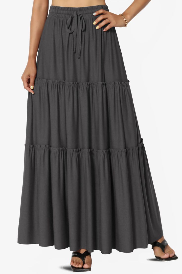 Elevate your style with our Ruffle Tiered Jersey Maxi Skirt.he pull-on design features an elastic high rise waist and A-line silhouette for comfort and flair.Complete with a convenient drawstring waist for lounge, casual, weekend look.Pair effortlessly with a tucked-in tank top, floppy hat, and strappy sandals for a chic summer bohemian look.Ultimate comfort with the drawstring elastic high rise designEffortlessly chic ruffle tiered A-line silhouette adds a touch of eleganceVersatile and stylish Jersey Maxi Skirt, Lounge Outfits, Long Maxi Skirt, Bohemian Look, Long Maxi Skirts, Casual Weekend, Fall Skirts, Gray Skirt, Long Maxi