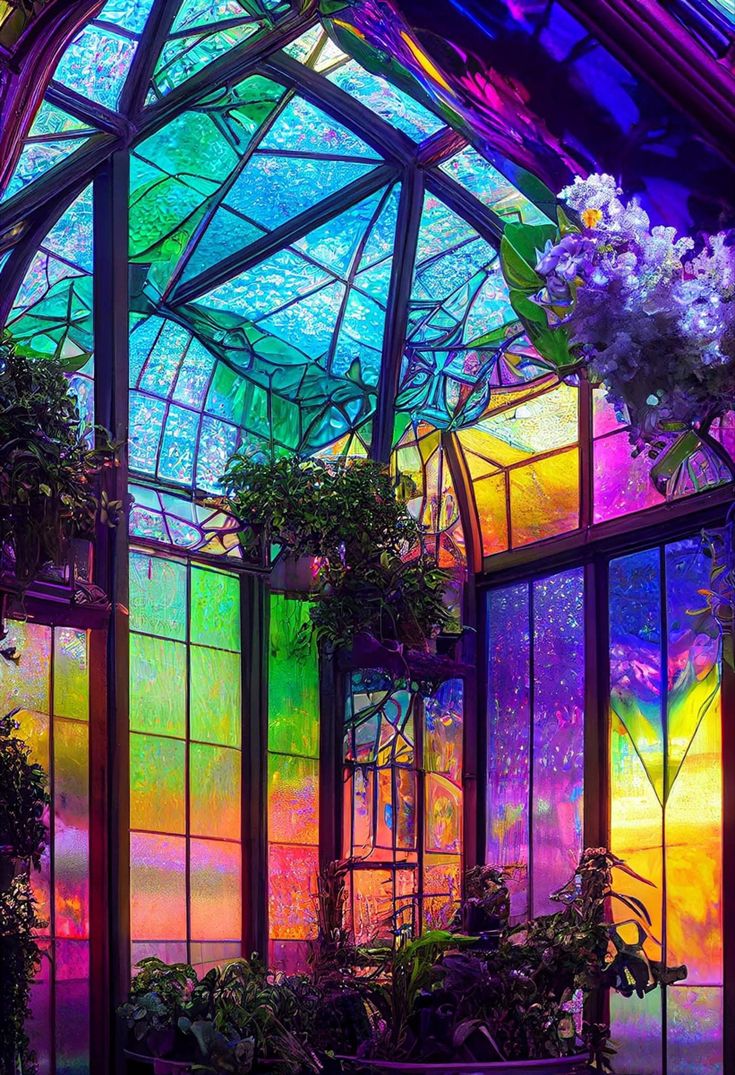 the inside of a building with many windows and potted plants in front of them