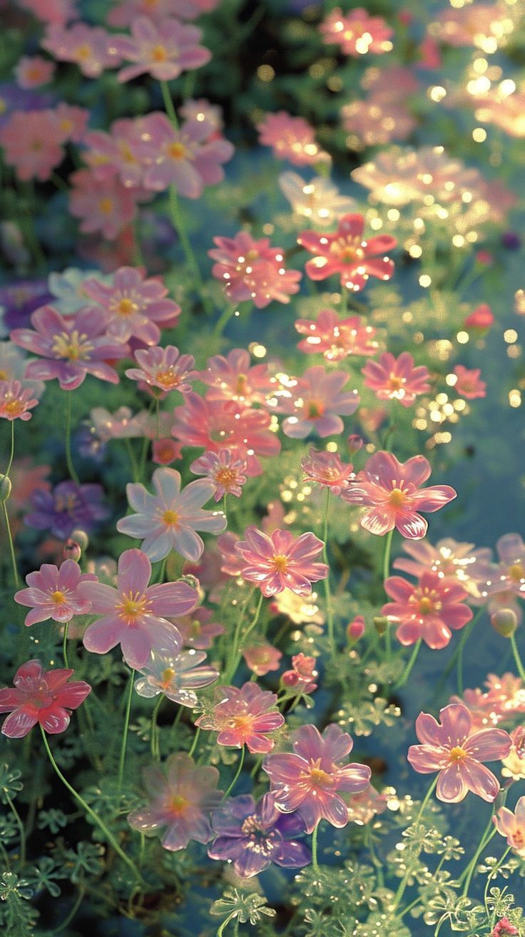 pink and yellow flowers are growing in the water with bubbles floating on it's surface