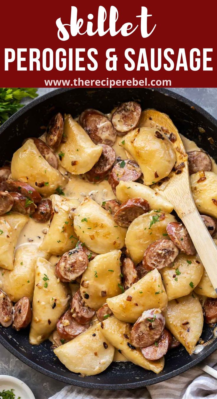 a skillet filled with pasta and mushrooms on top of a table next to some parsley