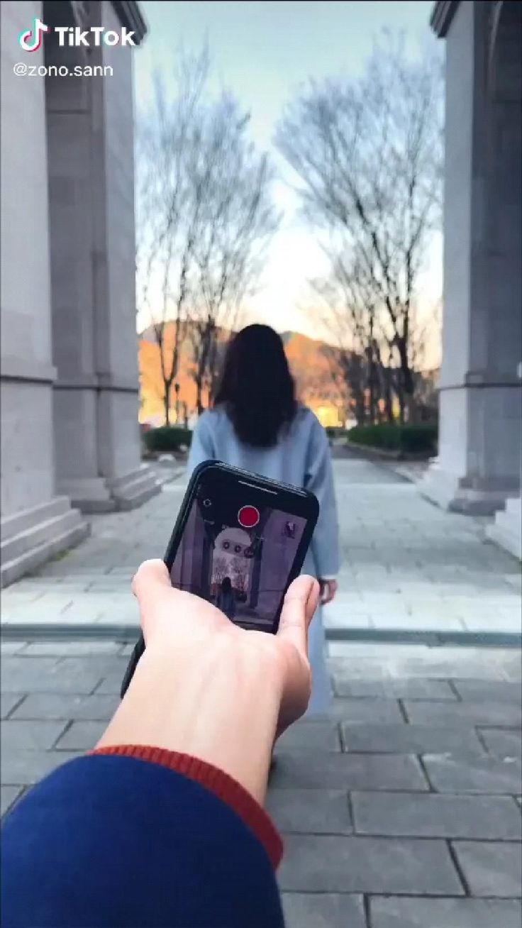 a person holding a cell phone in front of an arch with columns and trees on the other side