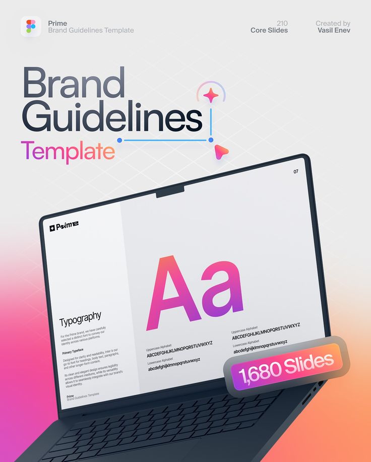 an open laptop computer sitting on top of a colorful background with the words brand guidelines template