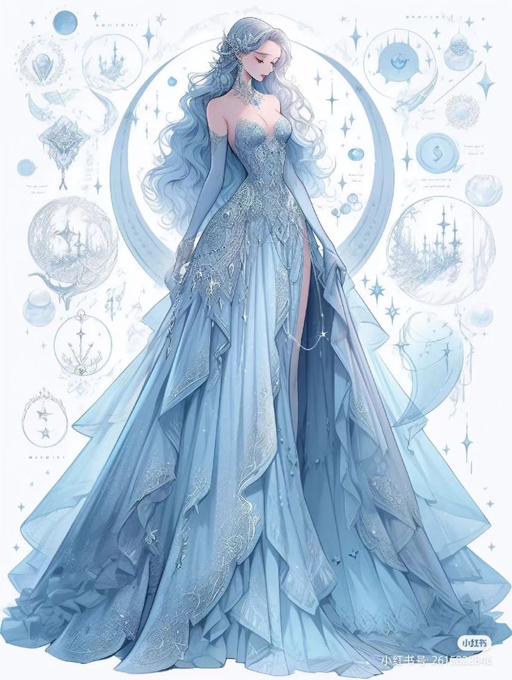 Blue Tool Dresses, Blue Dress Design Drawing, Ice Themed Dress, Light Blue Fantasy Dress, Fantasy Dress Drawing Outfit Ideas, Ice Themed Outfit, Blue Dress Drawing, Blue Fantasy Dress, Fantasy Dress Art