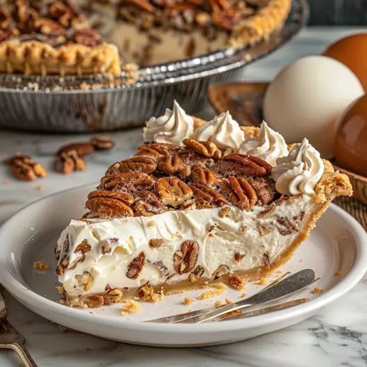 a slice of pecan pie on a plate with a fork and an egg in the background