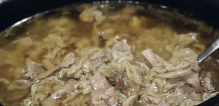 a close up of food in a pot with a spoon