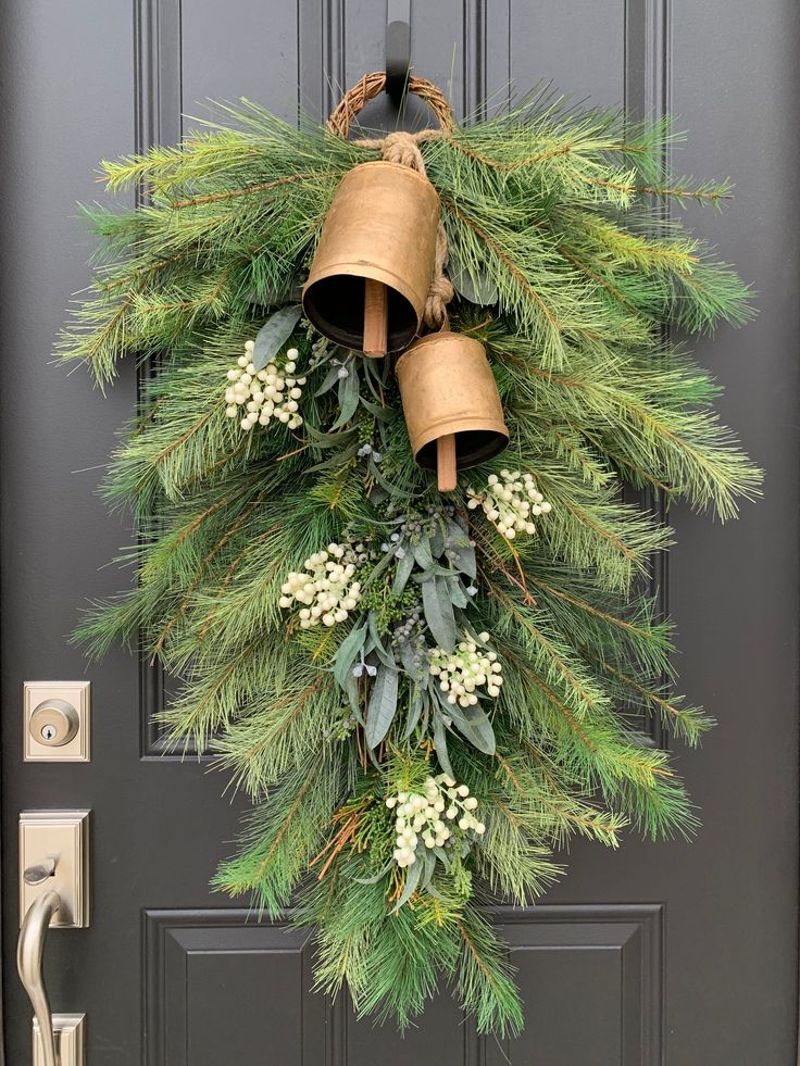 Winter Pine Swag with Bells for Front Door Pine Cone Swag Diy, Diy Teardrop Wreath, Pine Boughs Decorations, Christmas Bells Decorations, Swags And Wreaths, Pennsylvania Farmhouse, Christmas Wreaths With Bells, Swag Wreaths, Teardrop Wreath