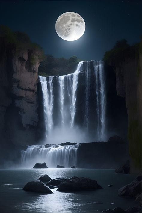 a full moon is seen above a waterfall in the night sky with water cascading over it