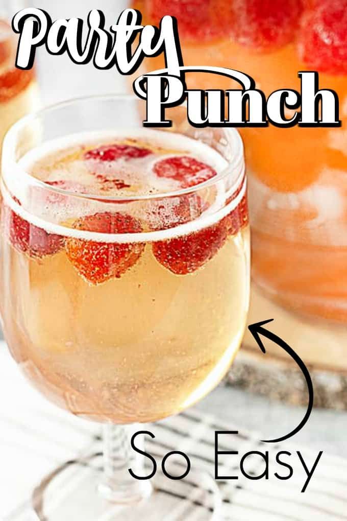 two glasses filled with white wine and strawberries on top of each other, next to the words puree punch so easy