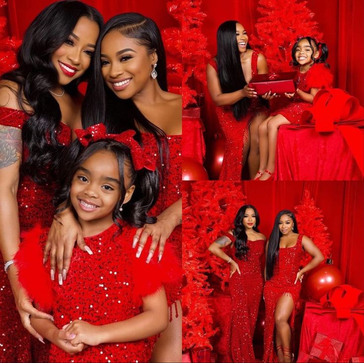 two women in red dresses posing for the camera with their arms around each other and smiling