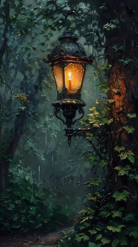 a painting of a lamp post in the middle of a forest with leaves on it