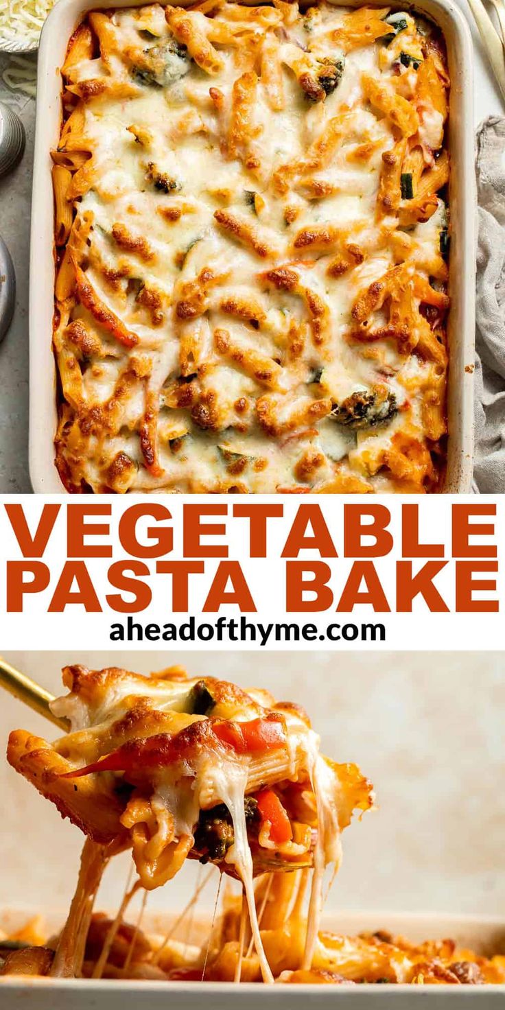 two images showing different types of vegetable pasta bake with cheese and sauce on top