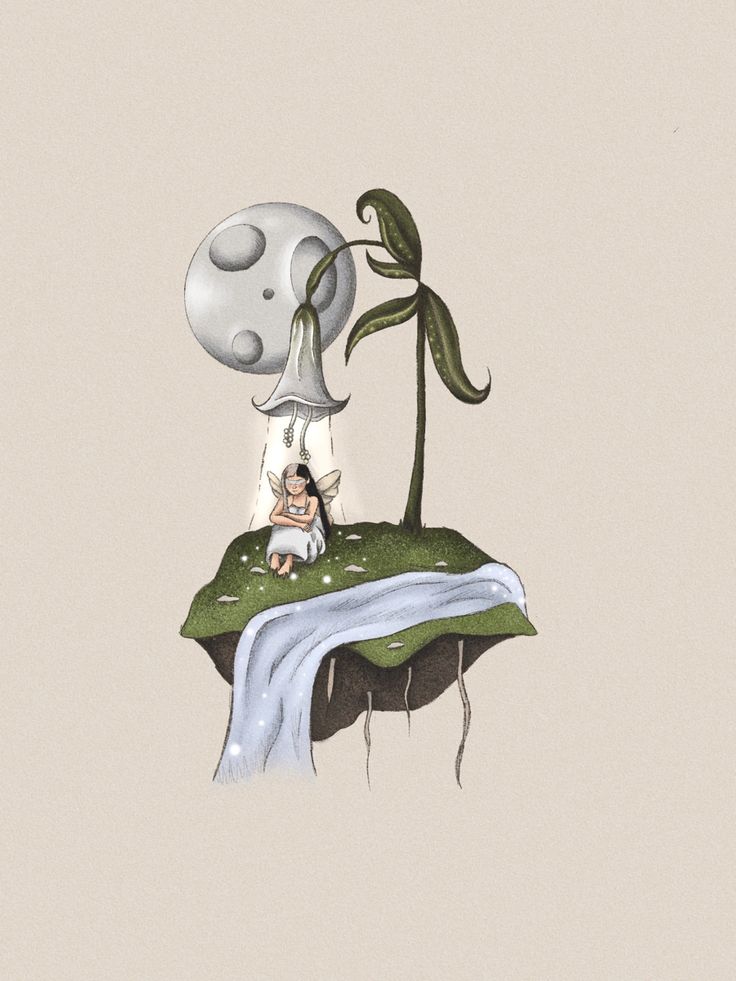 a drawing of a person sitting on top of a green island with a plant growing out of it