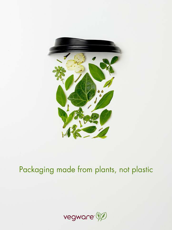 an advertisement for vegeware featuring leaves and flowers on a white background with the words packaging made from plants, not plastic