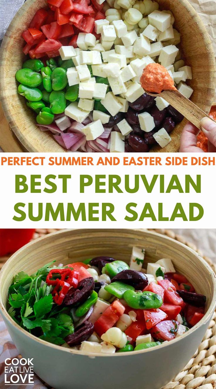 the best summer and easter side dish is made with fresh vegetables, diced eggplant, red bell pepper, green peppers, cucumber, black olives