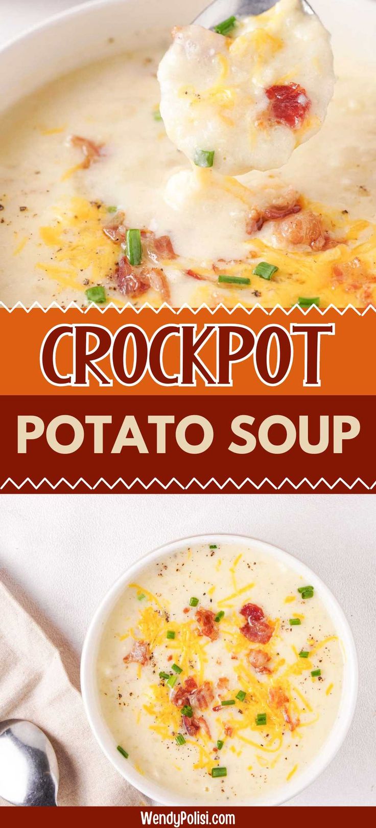 the recipe for crockpot potato soup is shown in two different pictures, one on top of the other