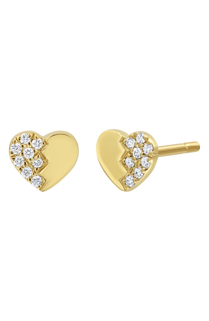 Sparkling white diamonds illuminate one side of these charming heart-shaped stud earrings that are handcrafted from 18-karat gold. Post back Total diamond weight: 0.05ct. Color: G Clarity: VS 18k gold/diamond Imported >Diamond Guide Yellow Gold Diamond Double Heart Earrings, Yellow Gold Diamond Heart Earrings, Yellow Gold Diamond Heart Earrings For Anniversary, Valentine's Day Yellow Gold Diamond Heart Earrings, Fine Jewelry Double Heart Earrings With Diamond Accents, Gold Double Heart Diamond Earrings, Yellow Gold Heart-shaped Diamond Earrings, Heart-shaped Diamond Earrings In Yellow Gold, Yellow Gold Heart Cut Brilliant Earrings