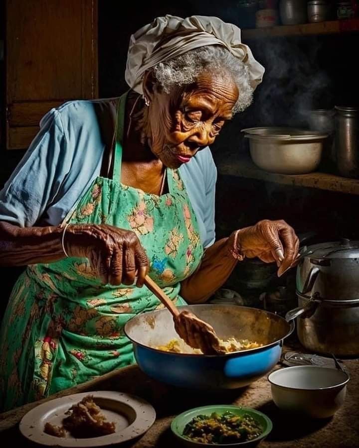 an old woman is cooking in the kitchen